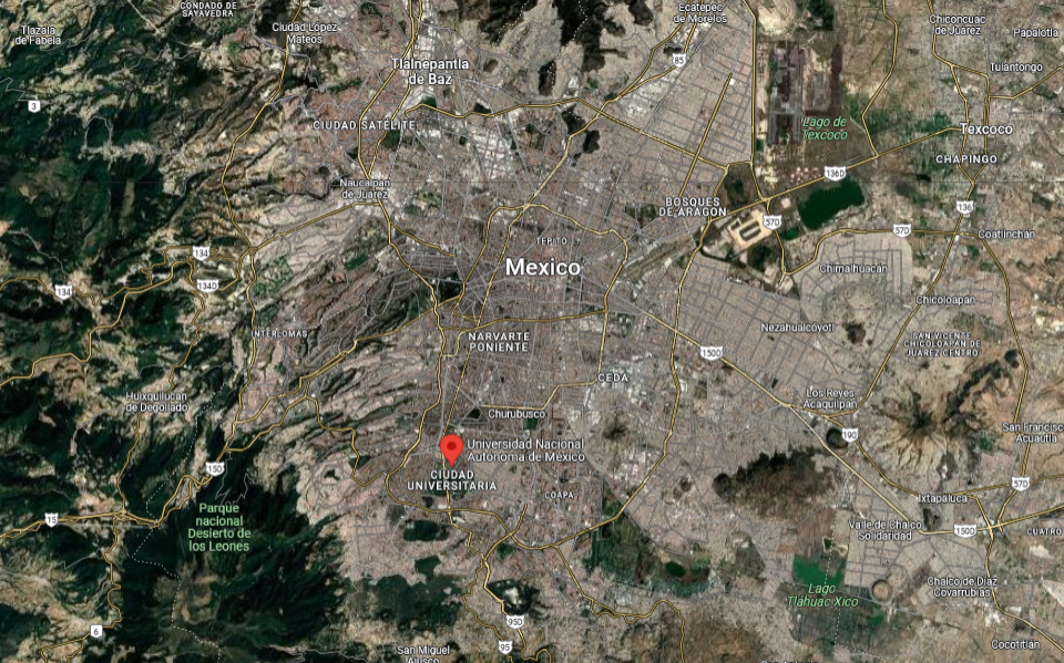 Université UNAM à Mexico, emplacement global sur carte. Le professeur Hernandez y travaillait, en physique nucléaire.