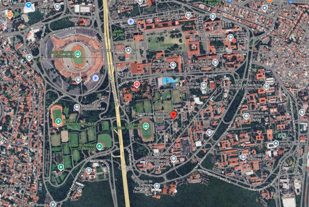 Campus universitaire de l'UNAM, traversé par l'avenue Insurgentes, à Mexico. La faculté des sciences et l'institut de physique (où devait travailler Hernandez) sont situés en bas à droite.
