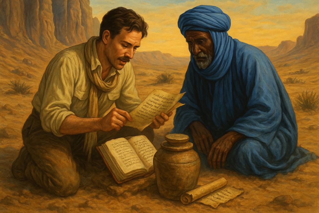 Illustration par IA : Mn Y (appelé aussi Emen Ys) et le vieux Touareg découvrent des rouleaux dans une jarre.