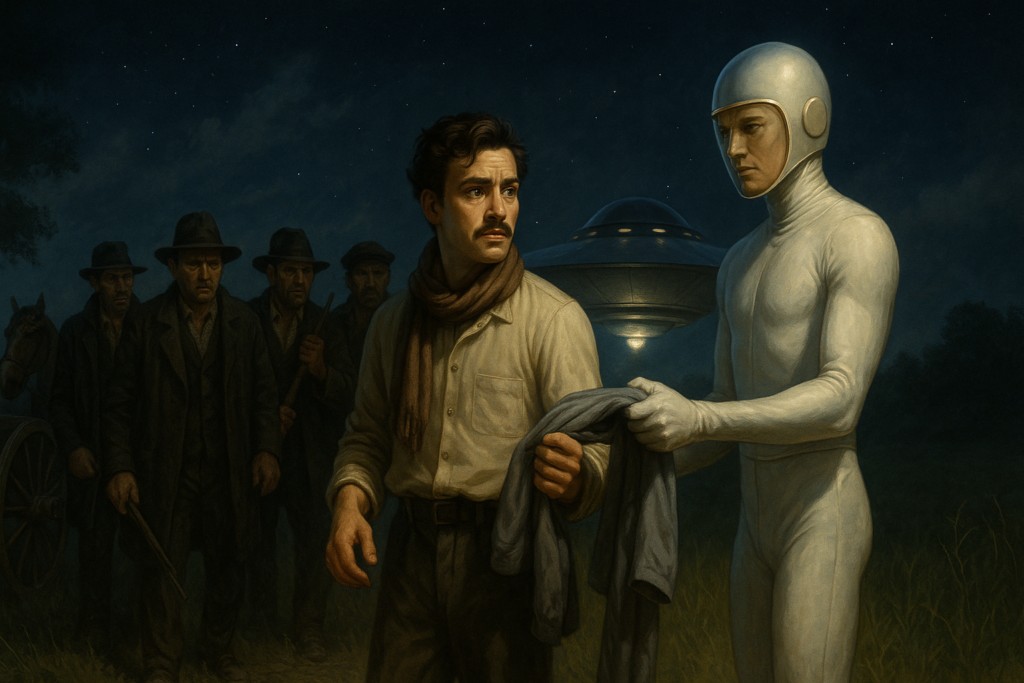 Illustration par IA : Mn Y (appelé aussi Emen Ys) est emmené par un géant blond vêtu en blanc et portant un casque, qui l'emmène dans son engin spatial qui flotte à côté.
