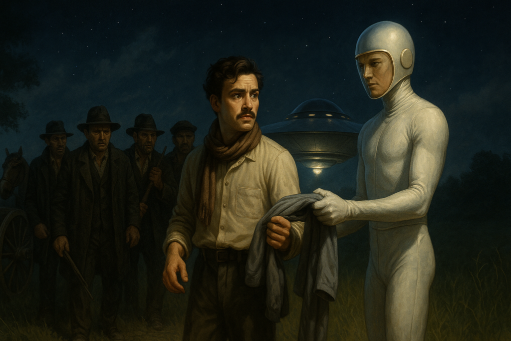 Illustration par IA : Mn Y (appelé aussi Emen Ys) est emmené par un géant blond vêtu en blanc et portant un casque, qui l'emmène dans son engin spatial qui flotte à côté.