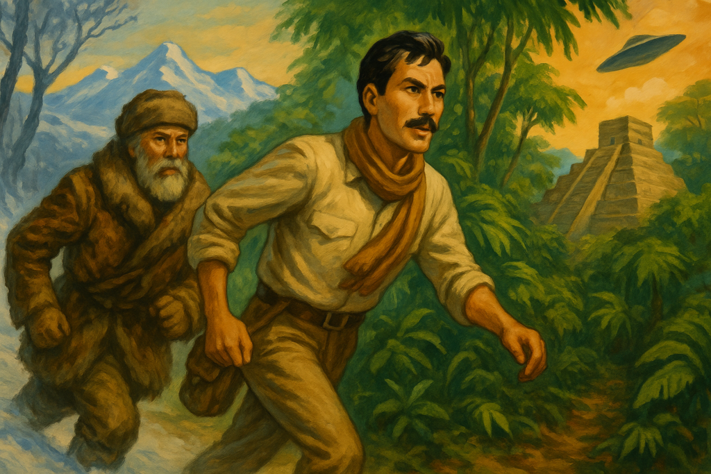 Illustration par IA : Mn Y (appelé aussi Emen Ys) parcourt l'Amérique et l'Amazonie avec son ami trappeur, àla recherche de traces de la civilisation Atlante.