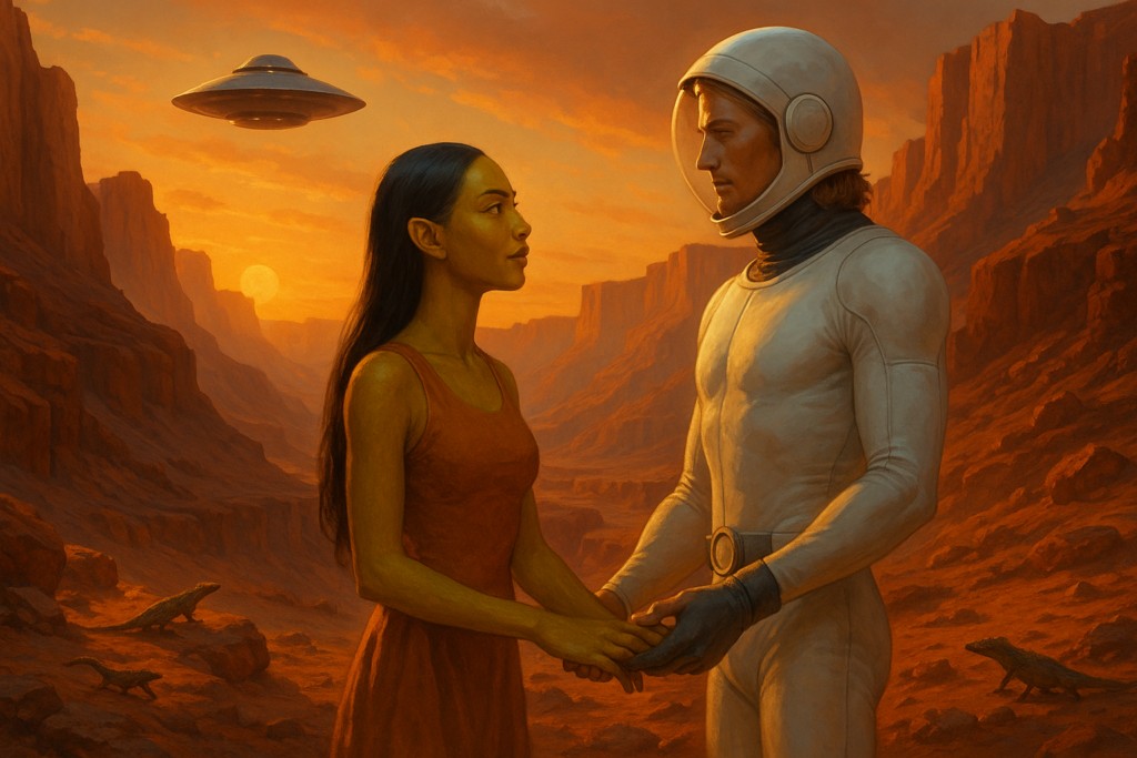 Illustration par IA : les humains de Bâavi fraternisent et prennent femme avec le peuple originel de Mars.