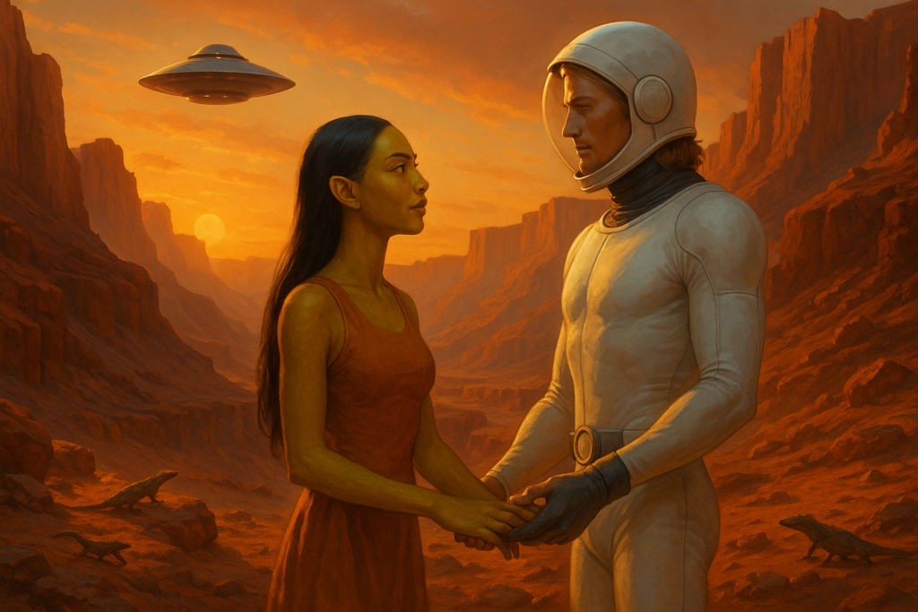 Illustration par IA : les humains de Bâavi fraternisent et prennent femme avec le peuple originel de Mars.