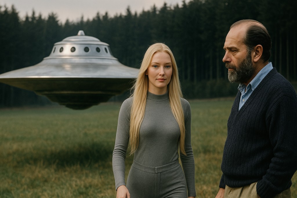Illustration par IA : Semjase la pléiadienne dans un contact avec Billy Meier.
