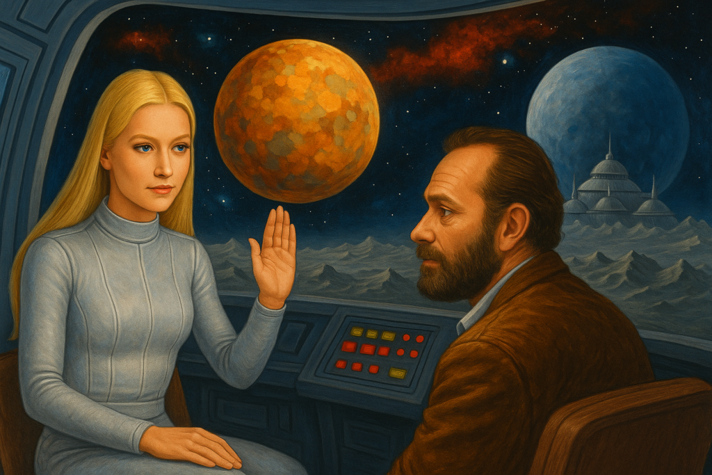 Illustration par IA : Semjase la pléiadienne dans un contact avec Billy Meier, l'amenant dans l'espace découvrir des choses et l'enseigner.
