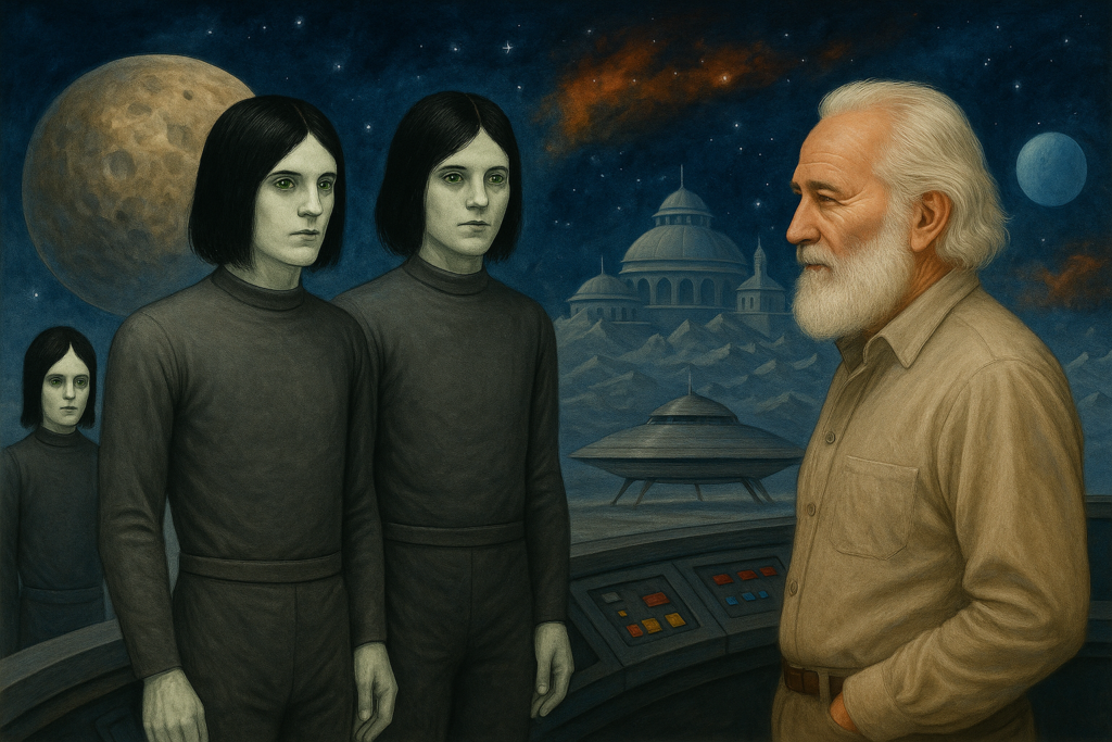 Illustration par IA : le pléiadien Ptaah parle à Billy Meier de la civilisation de Akart (Acart).