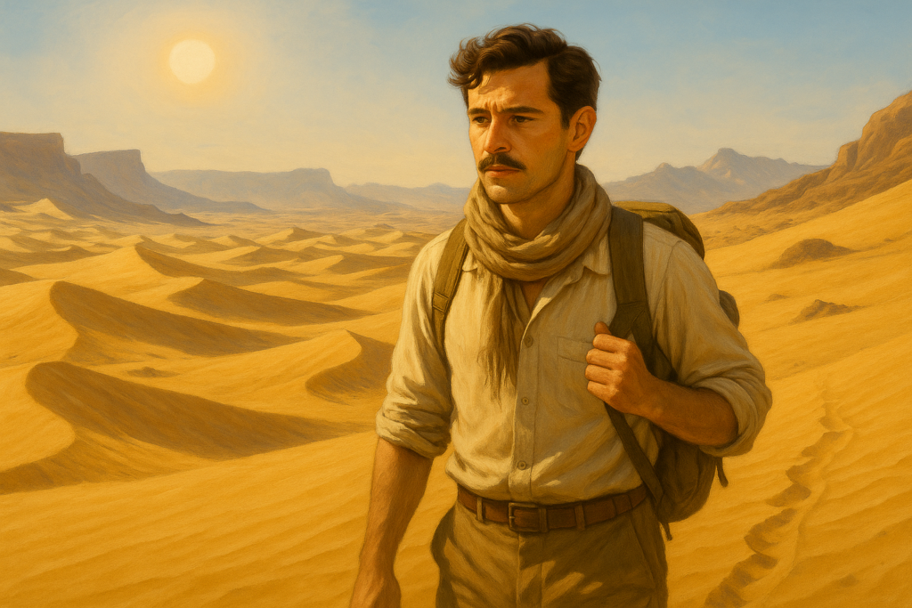 Illustration par IA : Mn Y (appelé aussi Emen Ys) part sur la piste des Atlantes dans le désert du Sahara.