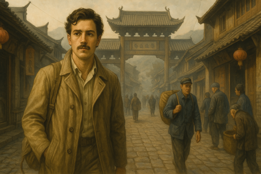 Illustration par IA : Mn Y (appelé aussi Emen Ys) parcourt la Chine, au retour de son voyage Bâavi.