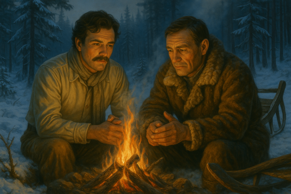 Illustration par IA : Mn Y (appelé aussi Emen Ys) avec son ami trappeur en Sibérie, avant le décès de ce dernier.