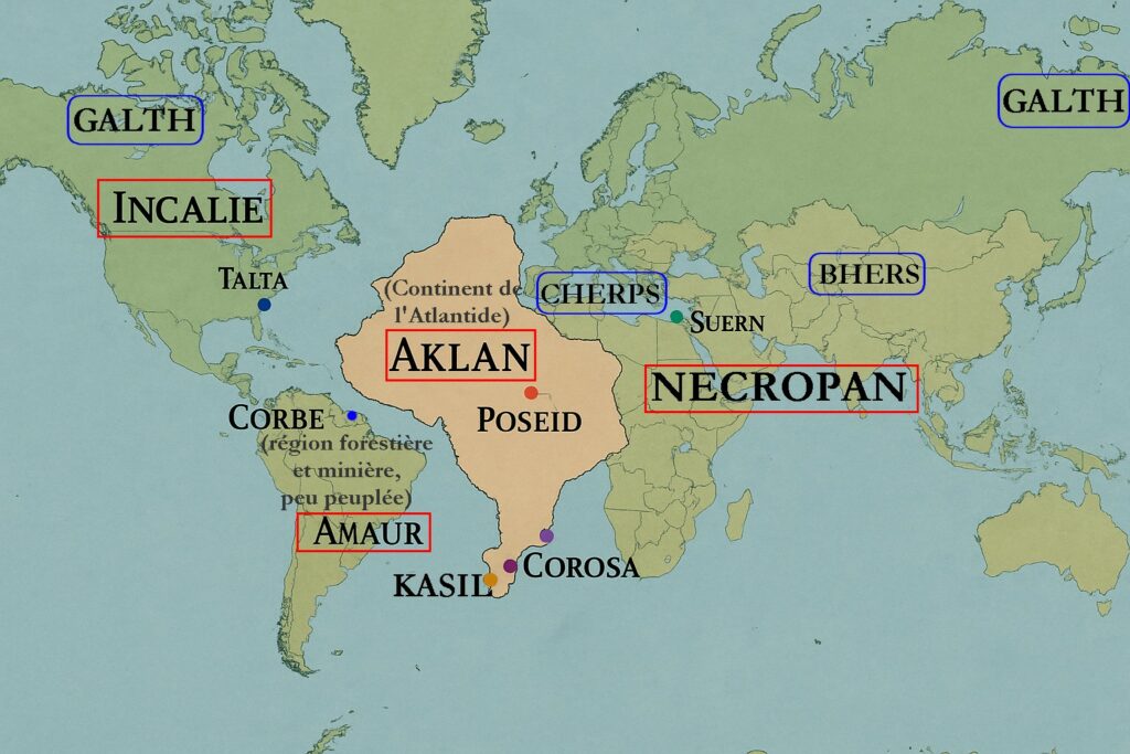 Carte illustrative générée par IA et avec des modifications manuelles, reportant les informations géographiques sur l’Atlantide d’après le texte, de manière schématique, servant de support visuel seulement.