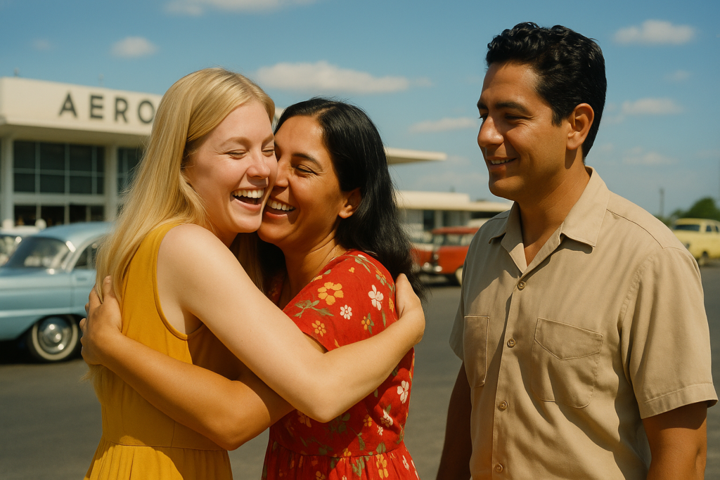Image illustrative générée par IA : Roseline est accueillie chaleureusement par son amie Monique et son mari Pedro, à l’arrivée à l’aéroport de Mexico.
