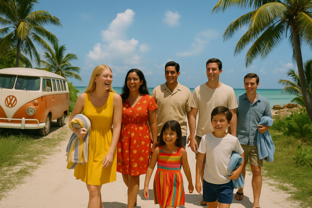 Image illustrative générée par IA : Roseline, Monique, Carlos, John, et les deux enfants Marta (6 ans) et Pedro (4 ans) sont déposés par Pedro le mari de Monique pour aller à la plage.
