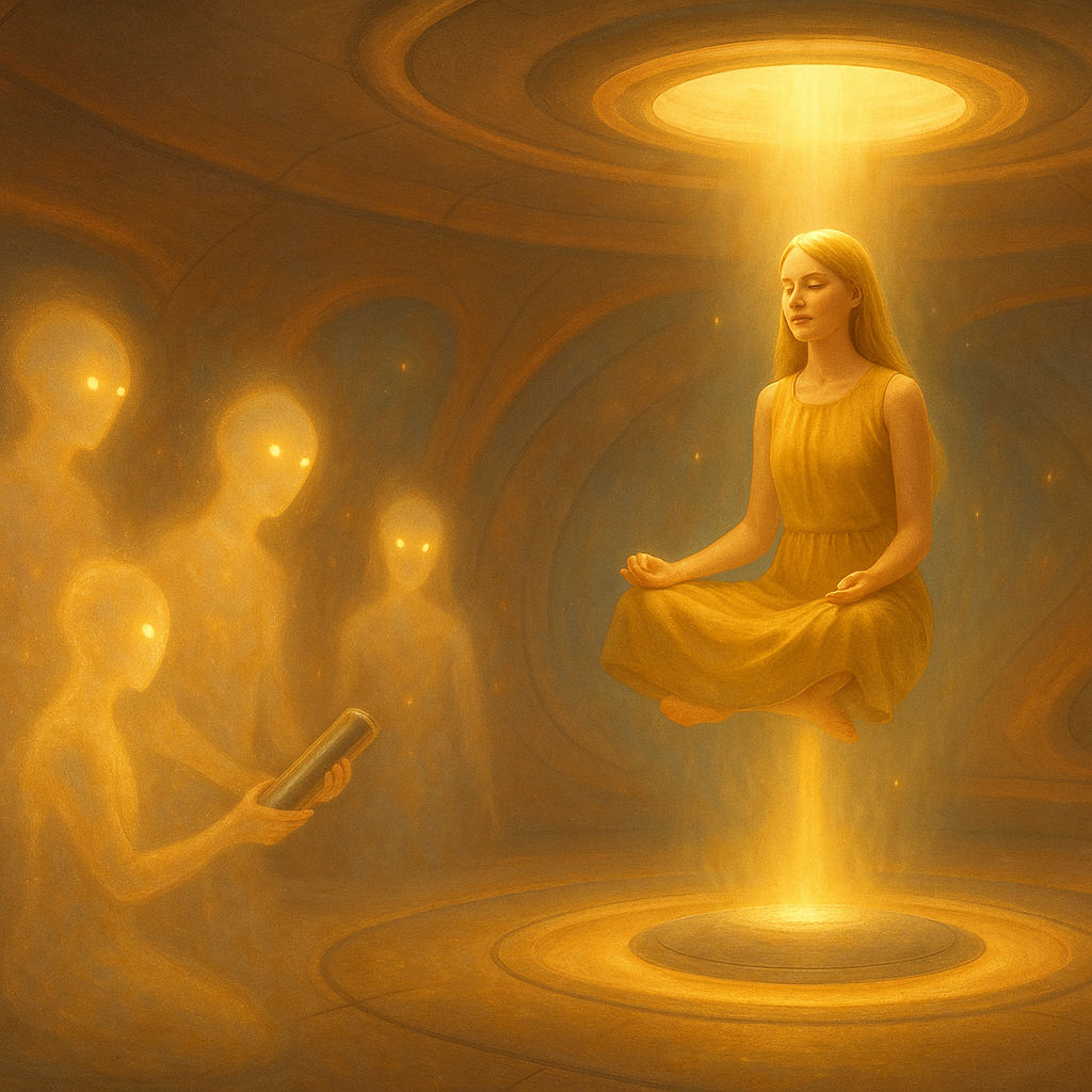 Image illustrative générée par IA : Roseline est dans le vaisseau, dans un faisceau de particules dorées. Des êtres semi translucides sont là avec une forme vaguement hamnoïde, dont une qui l'examine avec une sorte de cylindre pointé vers elle.
Image illustrative générée par IA : Roseline est dans le vaisseau, dans un faisceau de particules dorées. Des êtres semi translucides sont là avec une forme vaguement huamnoïde.