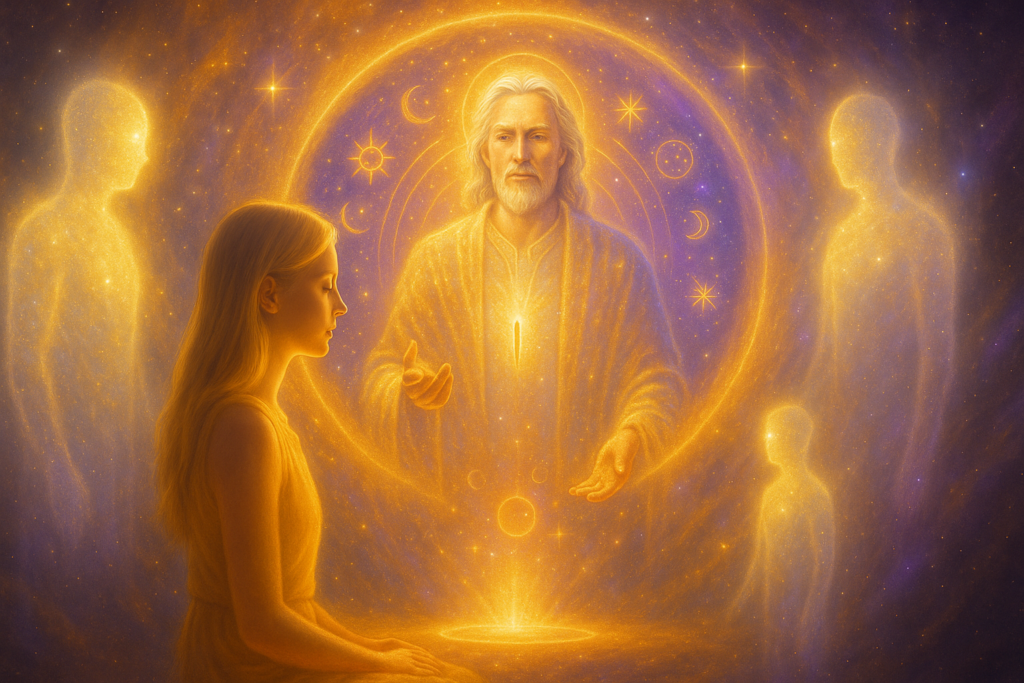 Image illustrative générée par IA : le mage Nové de Hermaton délivre un ultime message à Roseline.