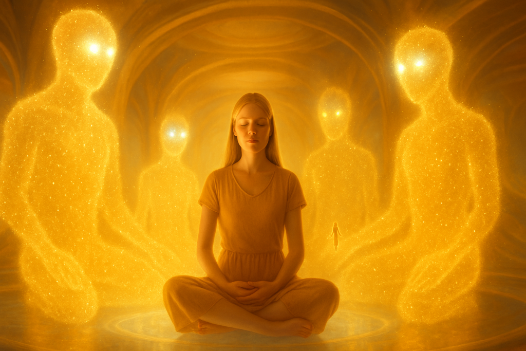 Image illustrative générée par IA : Roseline evoit les êtres faits de particules brillantes et lumineux avec une forme humanoïde non définie.