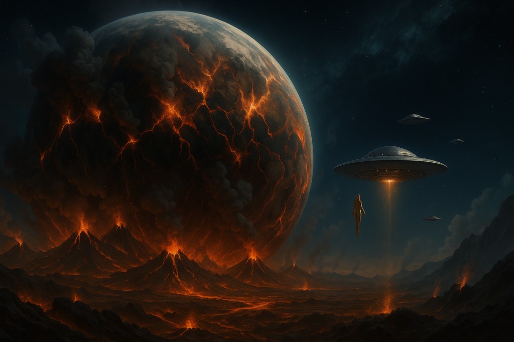 Image illustrative générée par IA : Hermaton est en désintégration, avec du volcanisme actif trop fort. Ses habitants doivent faire appel à l'aide pour évacuer.