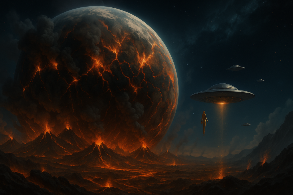 Image illustrative générée par IA : Hermaton est en désintégration, avec du volcanisme actif trop fort. Ses habitants doivent faire appel à l'aide pour évacuer.