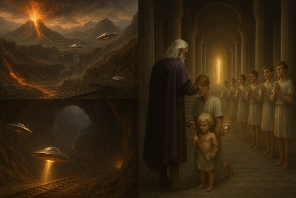 Image illustrative générée par IA : cérémonie sur Hermaton avec Nové et l'enfant tenant le sceptre.