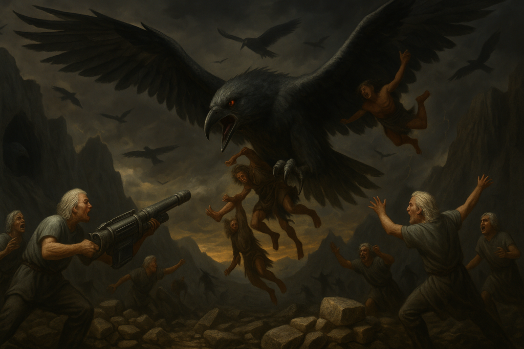 Image illustrative générée par IA : les oiseaux géants dévastateurs de Mu, abbération génétique produite par les Elohim.