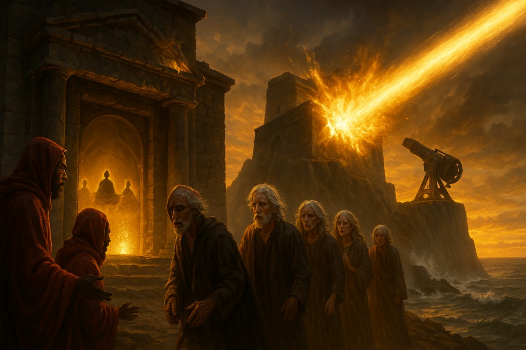Image illustrative générée par IA : le temple est détruit par l'arme à énergie.
