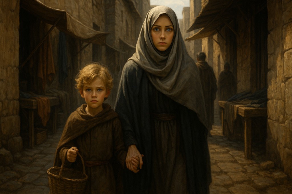 Image illustrative générée par IA : Pancal et son fils dans les rues de la ville, entre la misère et les dangers.