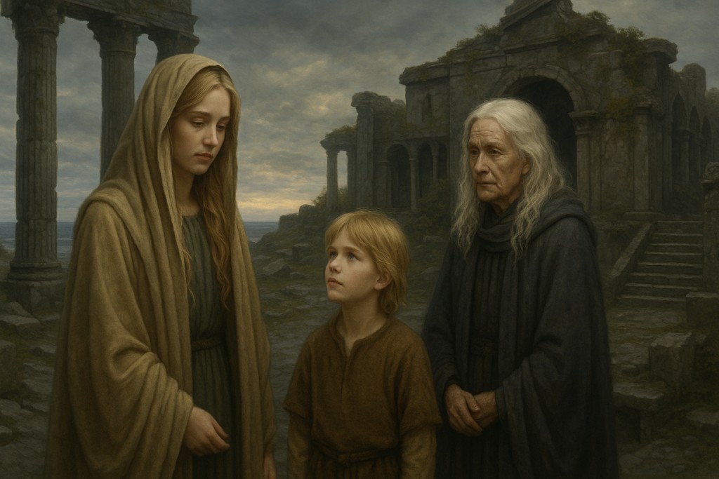 Image illustrative générée par IA : Pancal et son fils Pan avec la Vénérée Mère, au Theril détruit par les forces de Bellial à Corosa.