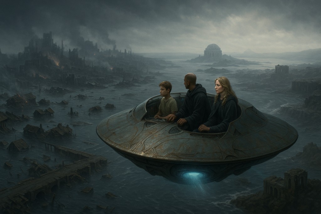 Image illustrative générée par IA : Pan, Ismalie, le moine et Pancal survolent le paysage dévasté par Bellial.