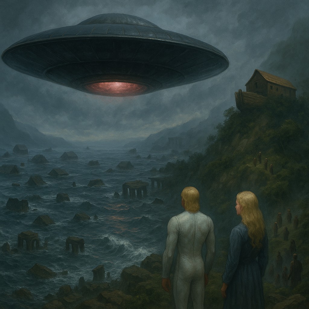 Image illustrative générée par IA : un vaisseau mère va aider à faire la navette avec le sol pour aider à amener gens et provisions, après le déluge, on voit l'arche de Noé sur le sommet du mont Ararat.