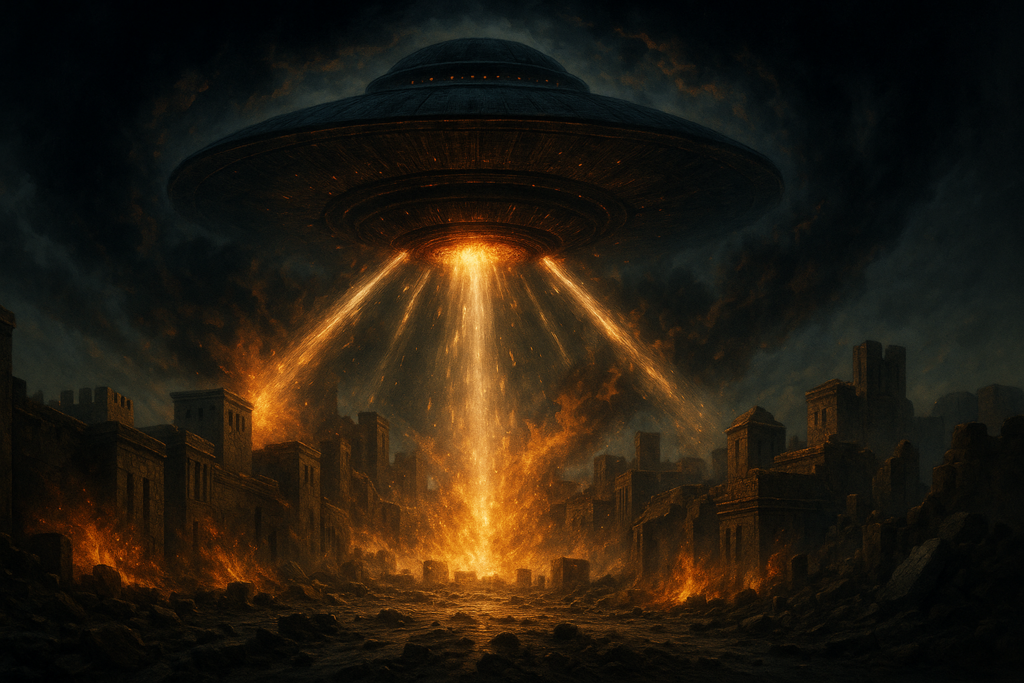 Image illustrative générée par IA : un vaisseau mère détruit Sodome et Gomorrhe avec ses rayons d'énergie lumineux.