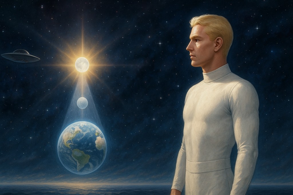Image illustrative générée par IA : le logos se retire de la Terre sous la forme d'un faisceau de lumière, retournant au Soleil galactique central, pendant que des êtres de l'espace observent ce phénomène incomparable.