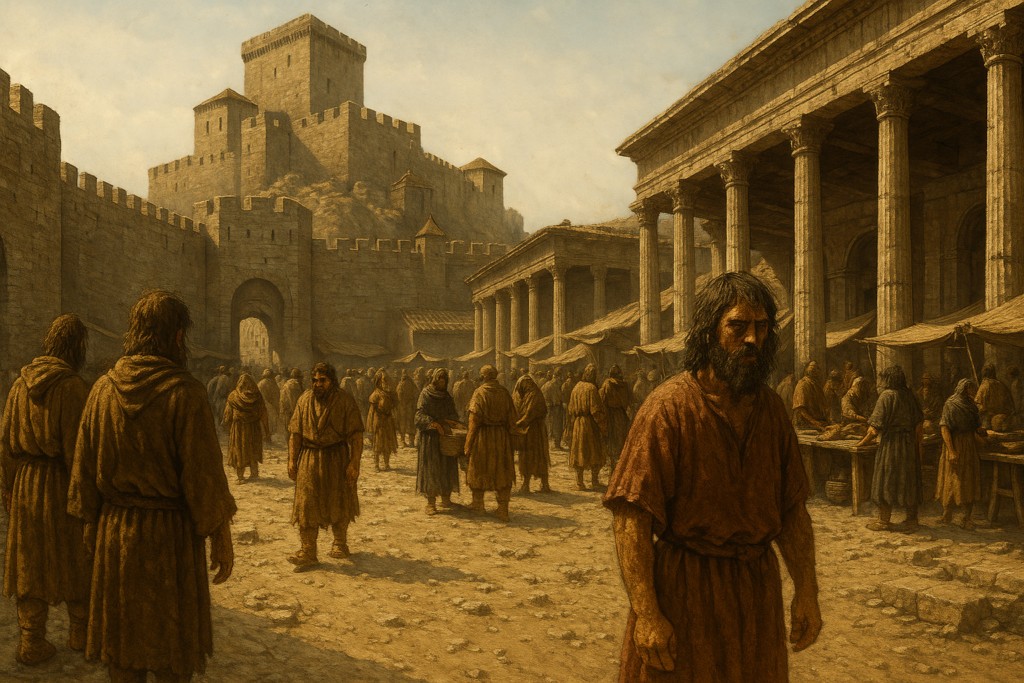 Image illustrative générée par IA : la ville ancienne entourée de remparts, avec des gens poussiéreux et miséreux que Roseline voit.