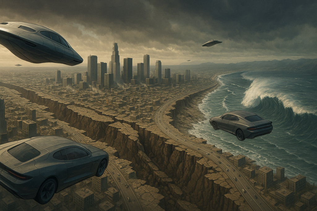 Image illustrative générée par IA : les villes sur Terre dans le futur en Californie, selon une vision donnée à Roseline par l'écran du futur.