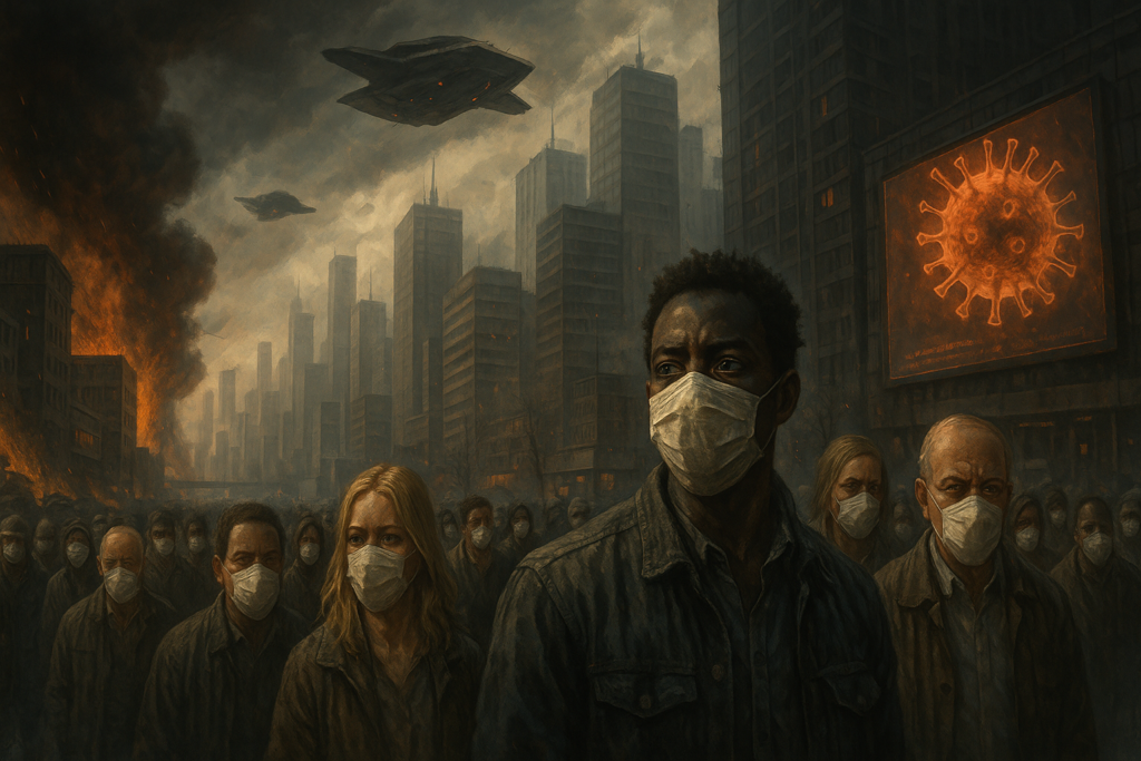 Image illustrative générée par IA : lépidémie mondiale vue par Roseline sur l'écran du futur.