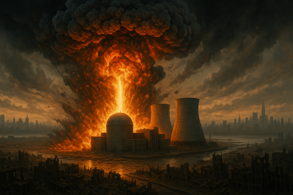 Image illustrative générée par IA : centrale nucléaire qui explose près de New York à cause d'un séisme, vu sur l'écran du futur.