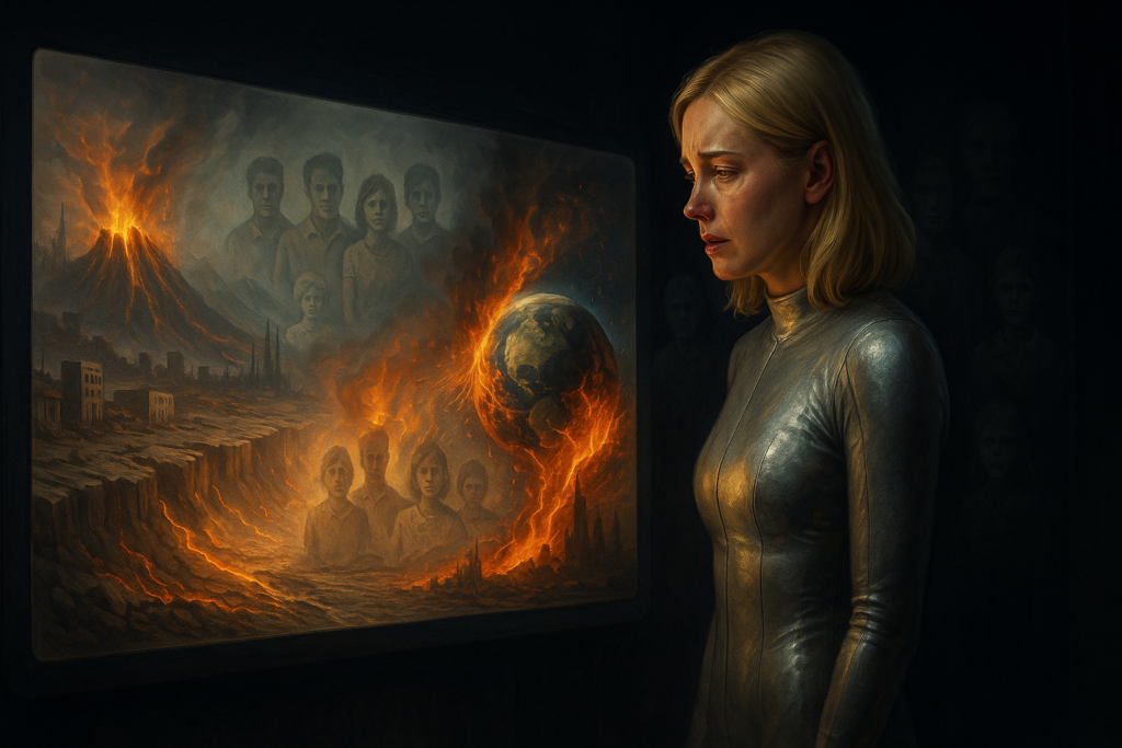 Image illustrative générée par IA : dl'avenir de la famille et des amis de Roseline, et d'évènements du futur du monde, vu sur l'écran du futur.
