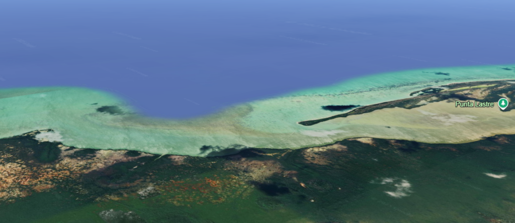 Vue en 3D google earth de la baie où a eu lieu l'observation, à Punta Nimún.