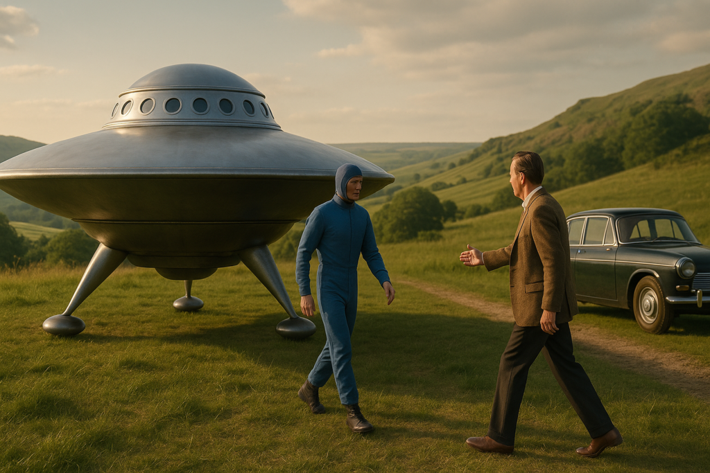 Image illustrative générée par IA : l’extraterrestre se faisant appeler Mak, vêtu d’une combinaison bleue et d’un casque en tissu sort de l’appareil, et il est accueilli par un homme sortant de la même voiture qui était garé devant la maison où Joelle avait eu l’information la menant à ce contact.