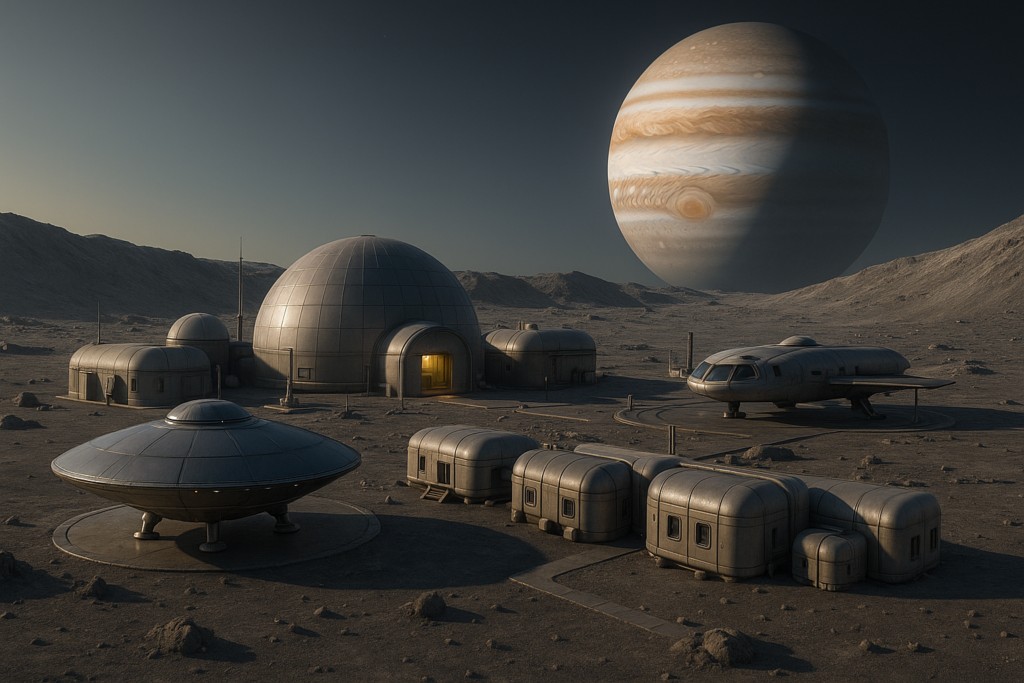 Image illustrative générée par IA de base extraterrestre des êtres de ce monde inconnu, sur une Lune de Jupiter.