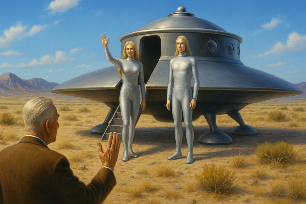 Image illustrative générée par IA : Adamski rencontre des visiteurs de l’espace. Lui disent-ils la vérité sur leur monde d’origine ?