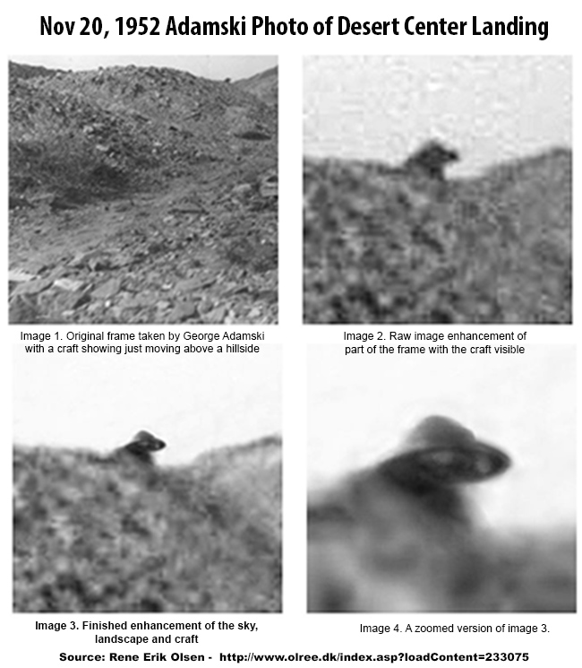 La photo prise par Adamski de son contact initial de 1952, avec le vaisseau au fond – agrandi et retraitement d’accentuation et nettoyage pour mieux voir le vaisseau.