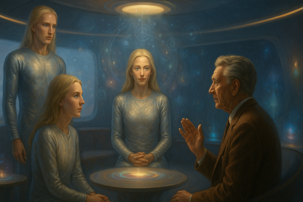 Image illustrative générée par IA : un scientifique en contact avec les gens du peuple de Mark et Val.