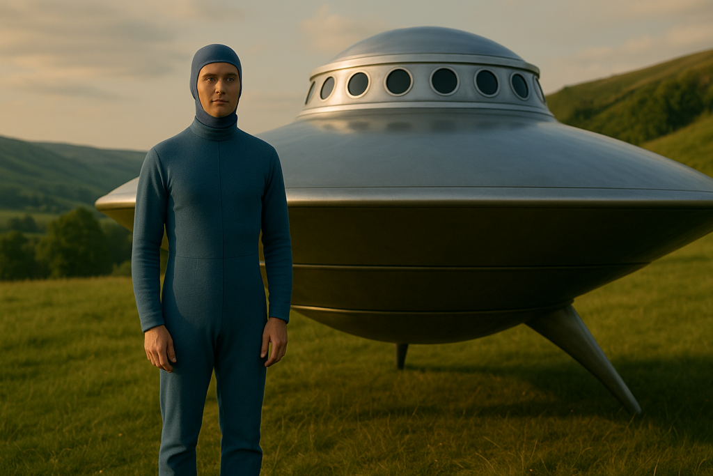 Image illustrative générée par IA représentant un des visiteurs extraterrestres dans sa combinaison bleue pour le voyage spatial, devant son vaisseau.