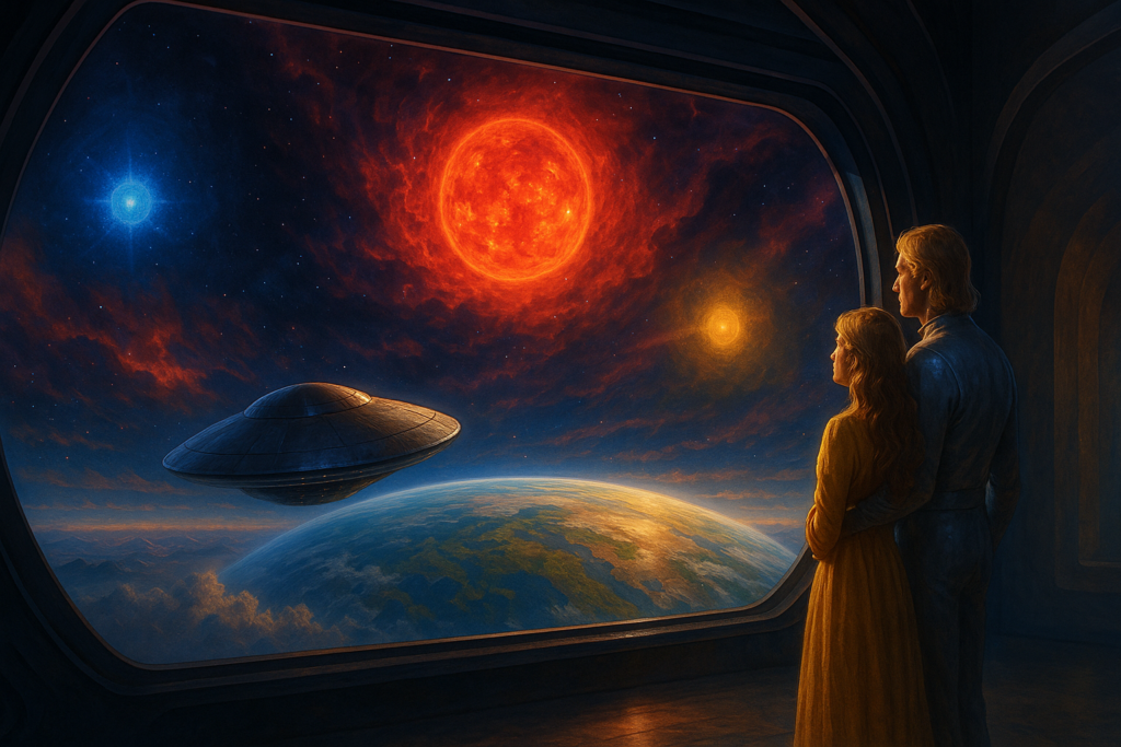 Image illustrative générée par IA représentant Elizabeth et Akon observant l’arrivée dans le système d’Alpha du Centaure, avec les trois étoiles (Alpha A et B, et Proxima), ainsi que Méton.