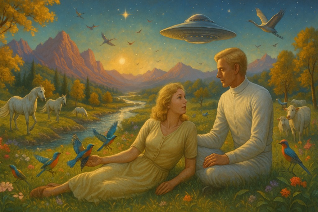 Image illustrative générée par IA représentant Elizabeth et Akon dans la nature sur la magnifique planète Méton.