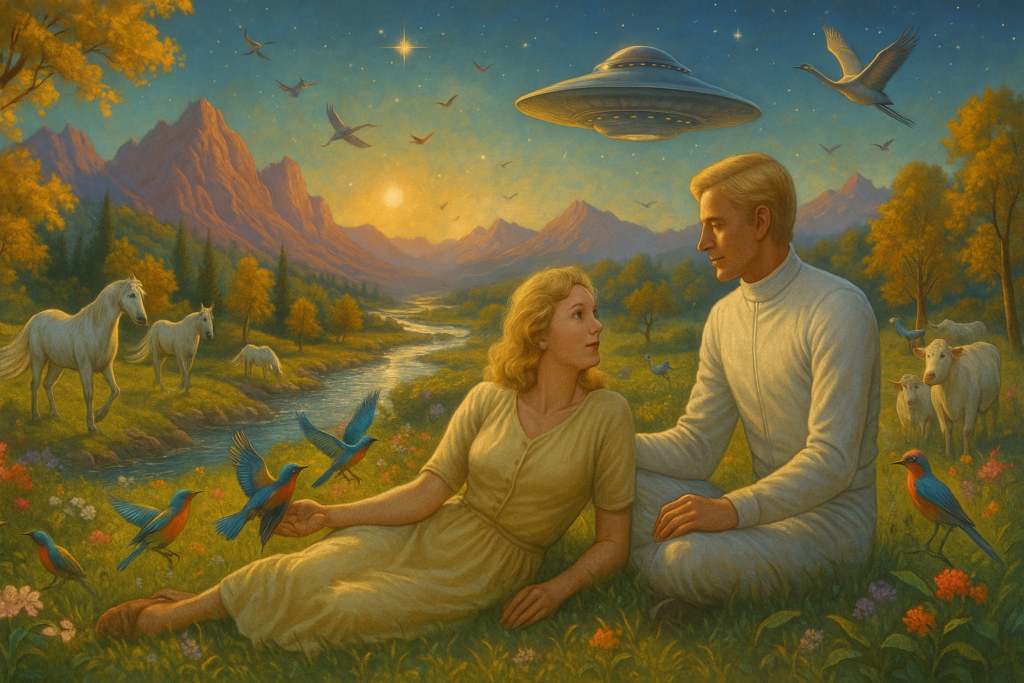 Image illustrative générée par IA représentant Elizabeth et Akon dans la nature sur la magnifique planète Méton.