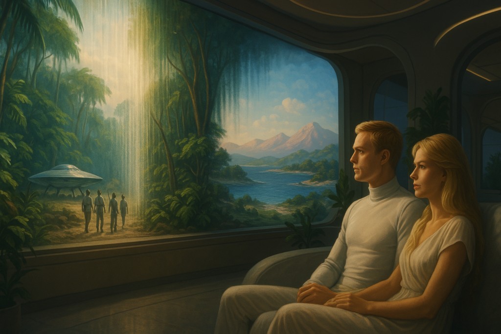 Image illustrative générée par IA représentant Elizabeth et Akon en train de regarder le passé des Metoniens sur Vénus sur le « mirage électrique » (projecteur holographique).
