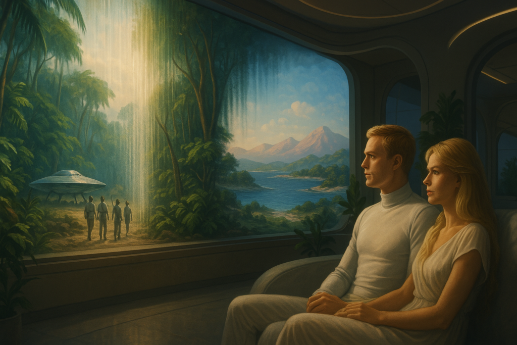 Image illustrative générée par IA représentant Elizabeth et Akon en train de regarder le passé des Metoniens sur Vénus sur le « mirage électrique » (projecteur holographique).