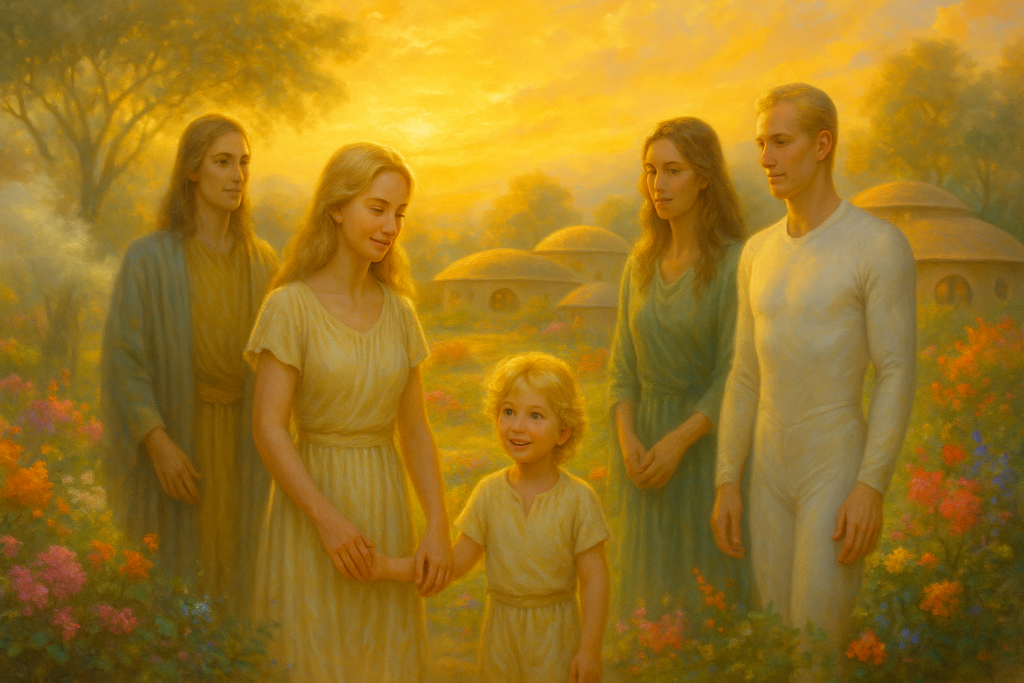 Image illustrative générée par IA représentant Elizabeth Klarer, son fils demi-extraterrestre Ayling, et des êtres de leur peuple qui sont là pour les aimer et les entourer.