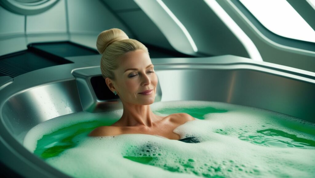 Image illustrative générée par IA représentant Elizabeth dans son bain d’eau moussante verte qui la détend, dans le vaisseau de Méton.